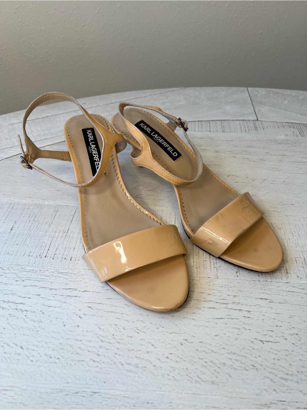 Karl Lagerfeld Nude Patent Leather Ankle-Strap Heels - Picture 2 of 6